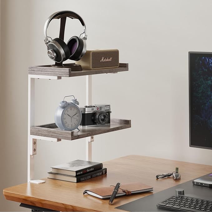 ART-GIFTREE Clamp On Desk Shelf 2-Tier, Wood Shelving Unit for Office Desk/Gaming Accessories, Tabletop Book Storage Rack, Shelf for Top of Desk, Grey