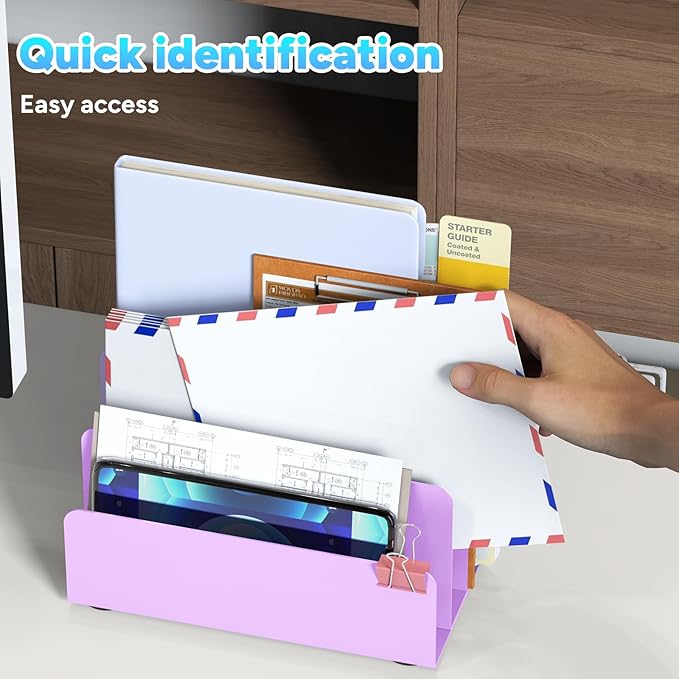OUTIOE Mail Organizer Countertop, Small Desk File Organizer, Metal File Holder - Essential Workspace Organizers for Office Desk, Home Office (Purple)