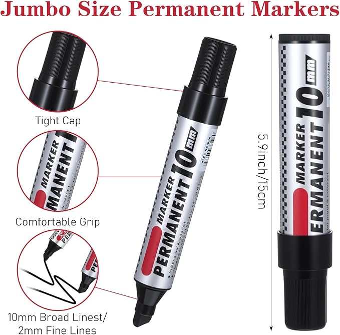 AojSup 20 Pack Jumbo Size Permanent Markers Bulk Permanent Markers Set Chisel Tip Pens Waterproof for Industrial Use Work on Wood Metal Plastic Stone Glass (Black)