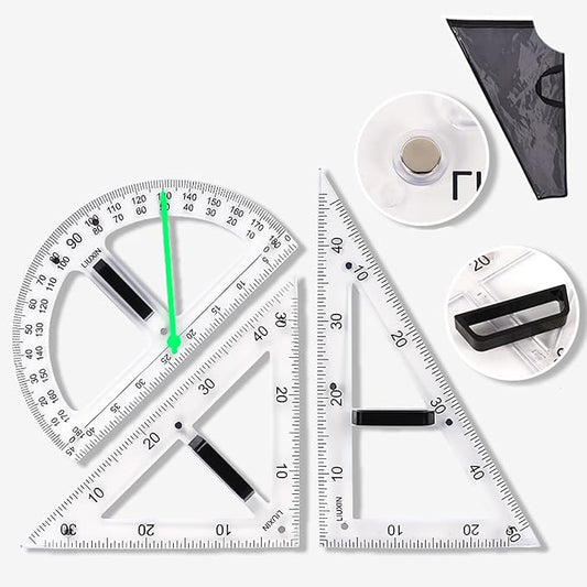 Magnetic Geometry Tool, Protractor, Triangle Rulers Easy Attachment Blackboard Measurement Kit, Teacher Board Protractor Multi-Purpose Kit Large (Transparent-3pc)