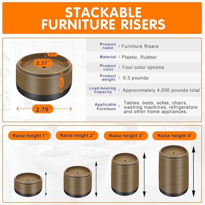 Furniture Risers Bed Risers Heavy Duty 1 inch, 2 inch, 3 inch, 4 inch Round Adjustable Bed Lifts Riser for Desk Legs Table Couch Sofa Chair Refrigerator Washing Machine (1+1 Inch, Brown, 4 Pack )