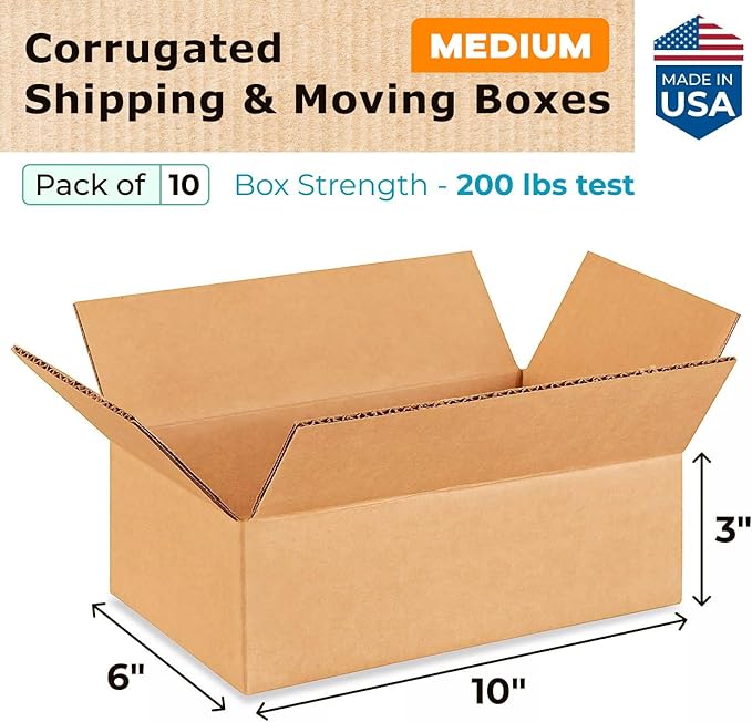 Medium Moving & Shipping Boxes 10x6x3 inches (10-Pack) - Extra Strength 200 lb vs Regular - Corrugated Cardboard Boxes for USPS/UPS/FEDEX - Packaging Box - Corrugated Box by IDL Packaging