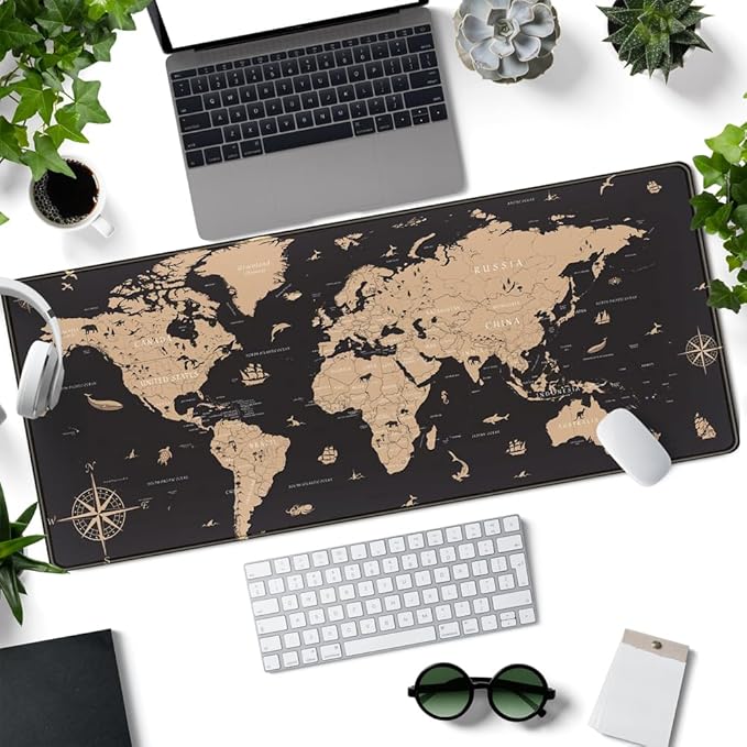 World Map Desk Mat Historical World Map Desk Pad Extra Large Computer Mouse Pad XL Black Topographic Mousepad Keyboard Pad for Desk Gaming Computer Laptop Office Non-Slip Desk Pad 31.5x11.8 in