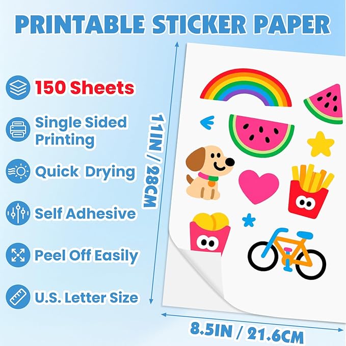 150 Sheets Glossy Sticker Paper, 8.5in x 11in Sticker Paper for Inkjet Printer, Self-adhesive Printable Sticker Papers, Vibrant Colors, Dries Quickly, US Letter Size