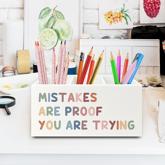 XPH Boho Inspirational Pen Pencil Holder Organizer for Desk, Positive Inspirational Gifts, Mistakes are Proof You are Trying Motivational Wooden Box Sign for Classroom Desk Tabletop Decorations