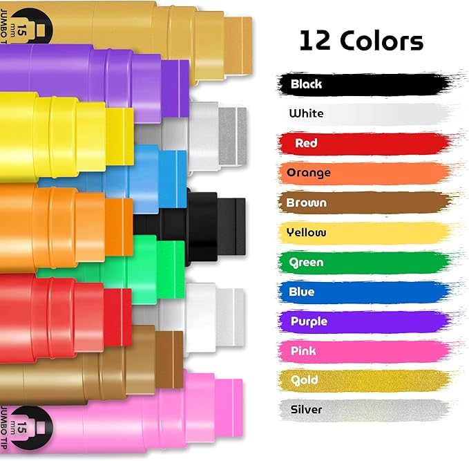 BIGTHUMB Jumbo Poster Markers Set: 12 Colors Large 15mm Wide Tip Permanent Ink Thick Acrylic Paint Pens for Rock Painting, Stone, Glass, Wood, Ceramic, Metal, Plastic, Fabric