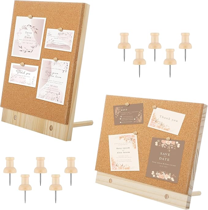 Fiwochic 2 Pcs Desktop Cork Board 9.8'' x 8.3'' Wood Frame Bulletin Board with 12 Push Pins Display Message Memo Picture Boards for Home Office School Wall Decor