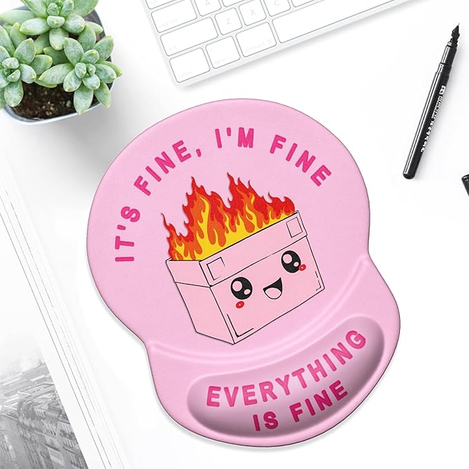 ITNRSIIET Ergonomic Mouse Pad with Gel Wrist Support Small Wrist Rest Smooth Surface Non-Slip PU Base Comfortable Office Supplies Pain Relief, 8.7 x 7.2 inches, Pink Cute Dumpster