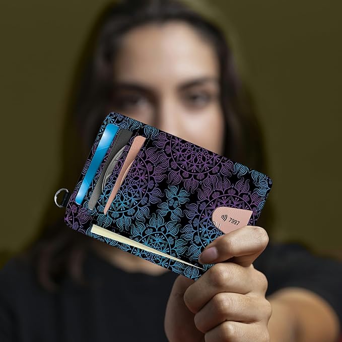 BWEGRHE Small Travel Wallets, Purple Blue Mandala Slim Minimalist Front Pocket Wallet with Wristlet, RFID Blocking PU Leather Credit Card Holder with ID Window Change Purse for Men Women
