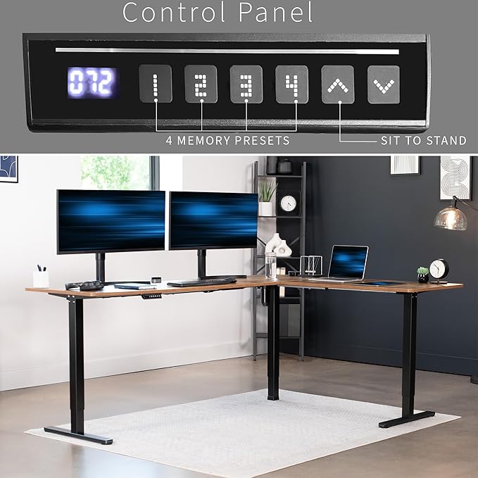 VIVO Electric Corner 84 x 63 inch L-Shaped Standing Desk, Memory Height Adjustment, Rustic Vintage Brown Top Black Frame, DESK-E3CTBN-84