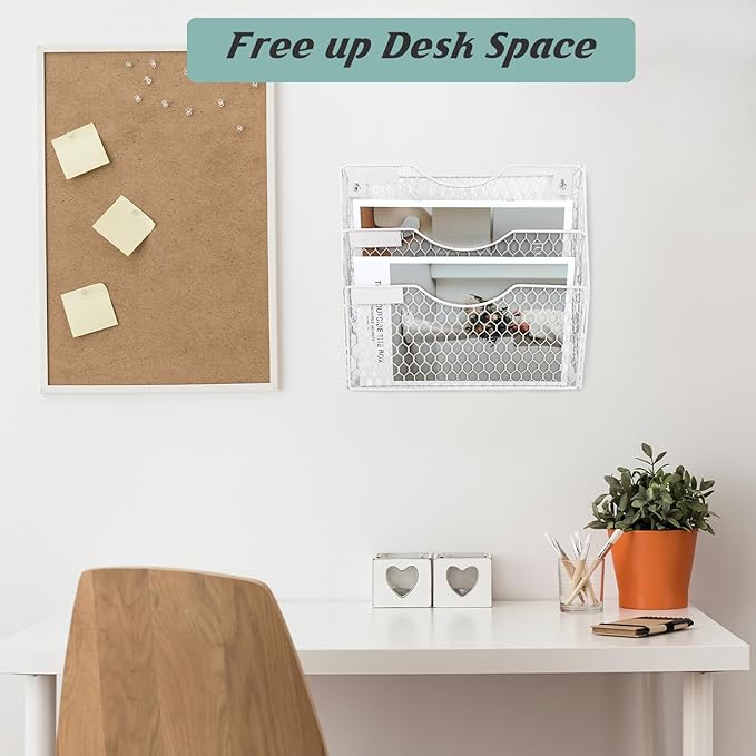 EASEPRES Mail Organizer Wall Mount Hanging File Holder Storage, Metal Chicken Wire Magazine Rack 3 Tier, White