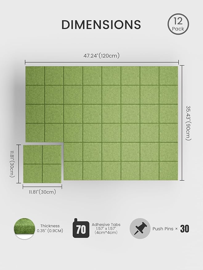Bumusty Large Cork Board Alternative-47 x35 Felt Bulletin Board Tiles, with 30 Pushpins, 70 Adhesive Tabs, 12-Pack Slat Wall Paneling, Cork Boards for Office Push Pin Board Felt Board-Kelly Green