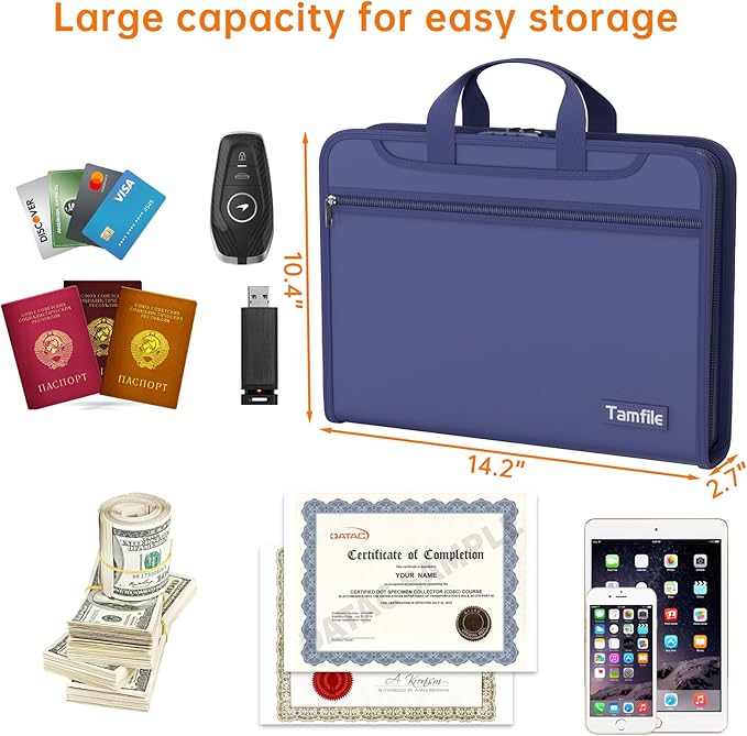5200℉ Fireproof Accordion File Organizer with Lock, Thickened Document Organizer 13 Colorful Pocket with Labels, Important Document Organizer, Expanding File Folder with Handle for Letter A4 (Blue)
