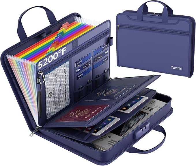 5200℉ Fireproof Accordion File Organizer with Lock, Thickened Document Organizer 13 Colorful Pocket with Labels, Important Document Organizer, Expanding File Folder with Handle for Letter A4 (Blue)