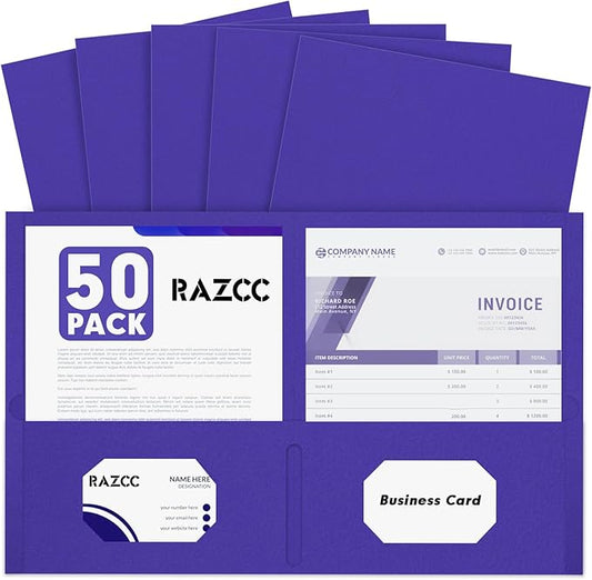 Two Pocket Folders, RAZCC 50 Pack 2 Pocket Folders Fit Letter Size Paper, Paper Folders with Pockets for School Office Business Home (Purple)