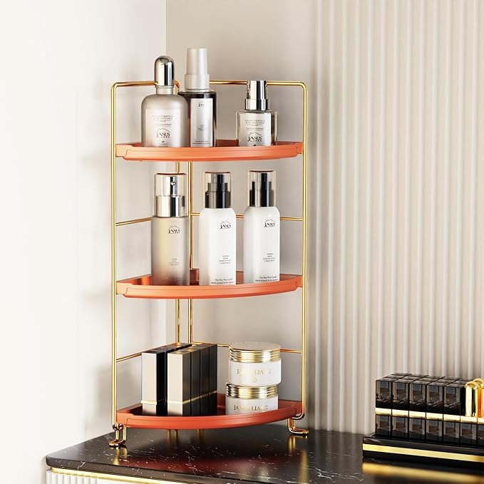 JANUS LiANG 3-Tier Corner Bathroom Organizer Countertop for Storage，Counter Tray and Vanity Organizer，Plastic Counter Organizer for Kitchen, Bathroom, Dresser 10.6 inches (Gold Orange)