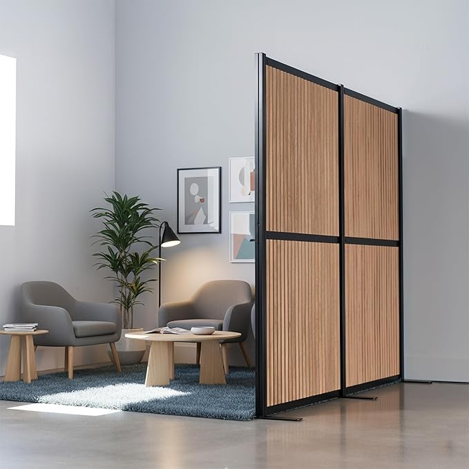 VIVO Modular Wall System, 2 PET Panels, Modern Professional Office Cubicle Dividers, Freestanding Privacy-Screen, 66 inches High, Wood Slat, Black Frame, PP-MWS63BWD