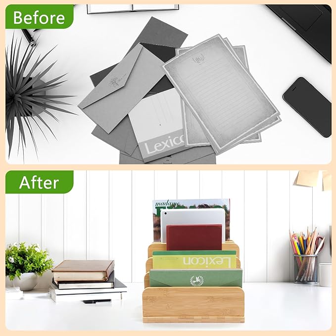 Deefielly Desk File Mail Organizer Countertop, 5 Slots Bamboo Folder Sorter Holder for Letter, Envelope, Paper, Bill Filing, Desktop Tray Organizer for Office & Home