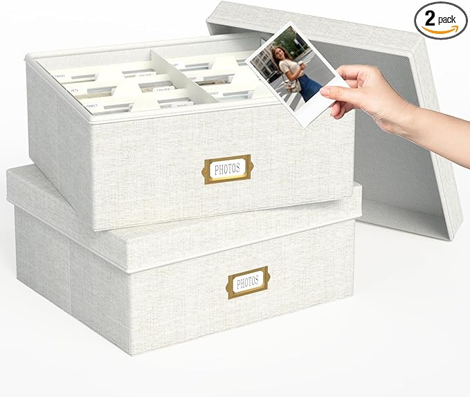 Decorative Photo Storage Box - 2 Pack Linen Photo Box Organizer with Dividers, Fits Holds Up to 1700 Pictures and 4x6 Photos, Memory Keepsake Organizer for Scrapbook Supplies, Cards, Stamps (Beige)