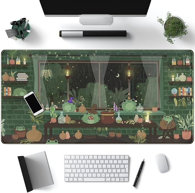 Mechanical Cattle Cute Desk Mat Kawaii Frog Mouse Pad Green Desk Anime Mat Large Gaming Mouse Pad Desk Computer Keyboard Pad Desk Home Office Accessories Girl Stitched Eges (31.5x15.7 in) WER236