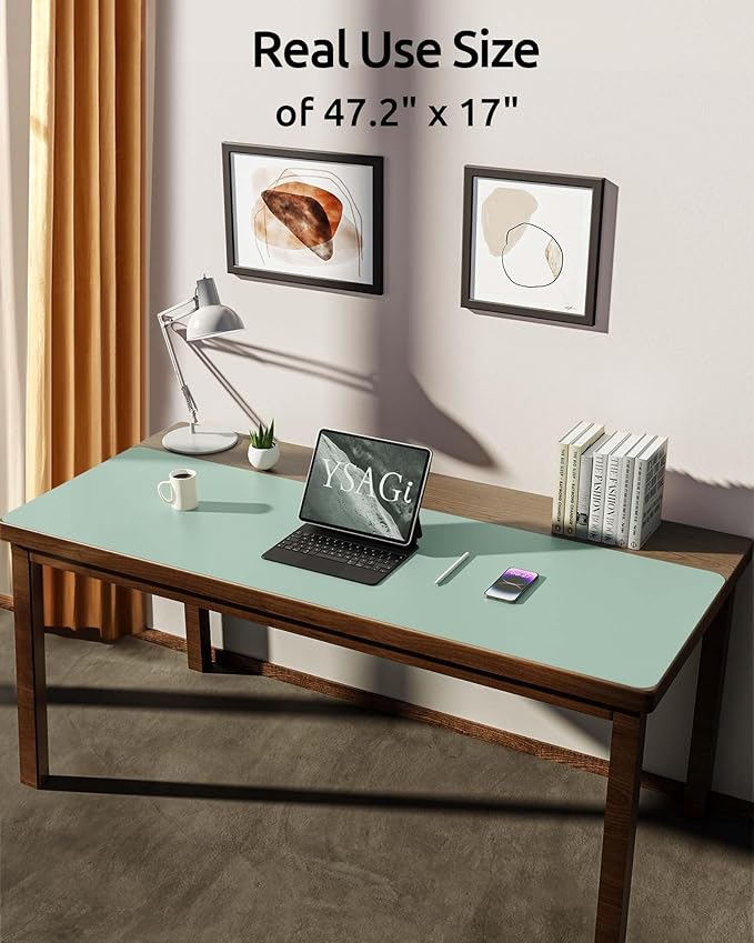 YSAGi Leather Desk Protector, Office Mat, Large Mouse Mat, Non-Slip PU Leather Blotter, Laptop Desk Pad, Waterproof Writing Pad for Office and Home (Pale Green, 47" x 17")