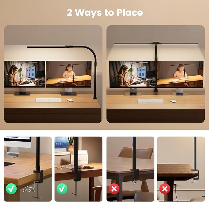 SIBRILLE LED Desk Lamp for Home Office - Dimmable Computer Desk Light with Clamp, Modern Architect Task Lamp with Color Changing, Flexible Desktop Lamp with Gooseneck for Monitor, Double Head, Black