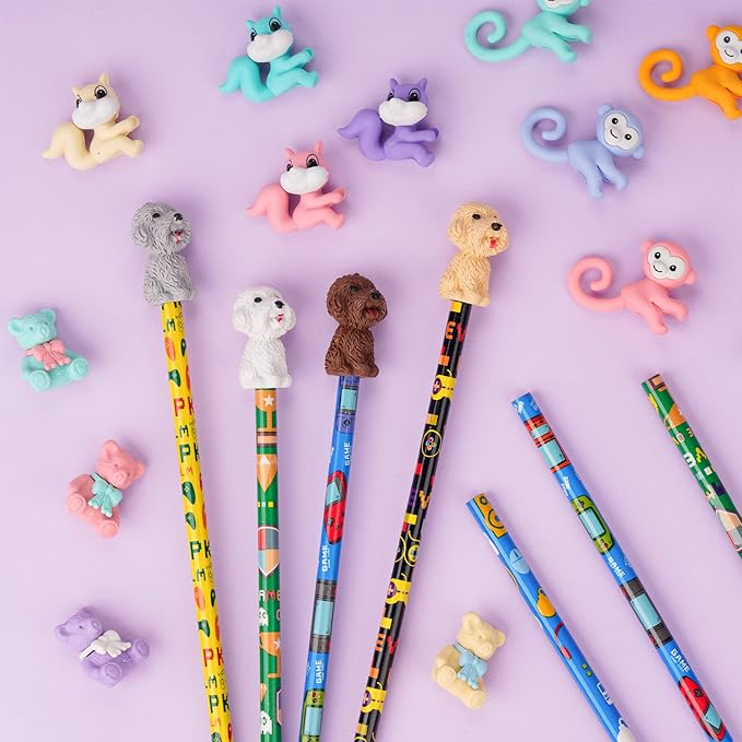80 Pieces Cute Animal Eraser Dog Bear Monkey Squirrel Pencil Erasers Puzzle Eraser Pencil Mini Erasers Novelty Top Erasers for Prizes Carnival Gifts Mixed Color