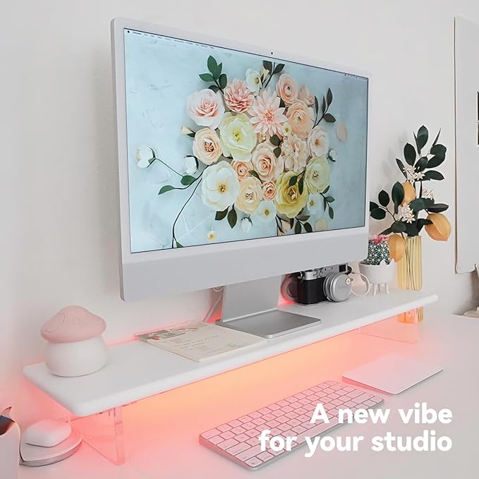 ROCDEER Bamboo Monitor Stand Riser with RGB Lights,31.5 Inches Desktop Shelf with Acrylic Legs Supports for Desk, PC Computer Monitor, Laptops, Printer, Speakers (White)