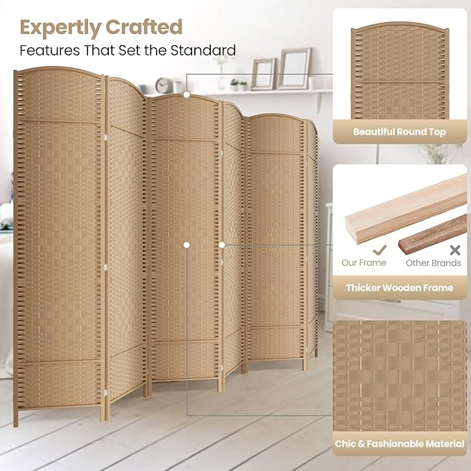Cocosica 6 Panel Room Divider,6Ft Folding Privacy Screen,Tall - Extra Wide Foldable Panel Partition Wall Divider with Diamond Double-Weaved Hand-Woven Design Room Screen Divider