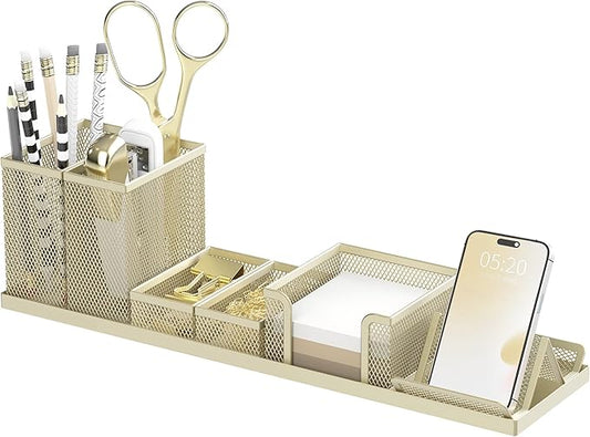 SUPEASY Pen Holder for Desk, 6 Piece Mesh Desk Organizer set for Office Organization with Mail Organizer, Letter Phone Holder, Sticky Notes Caddy Storage, Golden Yellow