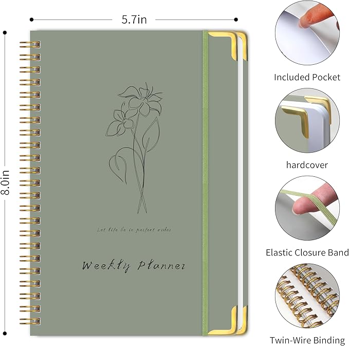 Undated Weekly Planner with Metal Corner Hardcover Notebook , A5 Size Journal with To Do List Planner, Habit Tracker,Weekly Goals for ADHD,Student, Office, Women, Men ,Gifts,6 x 8 inches，Spiral Bindding ,Green