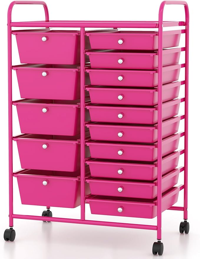 DORTALA 15-Drawer Rolling Storage Cart with Drawers, Rolling Utility Cart w/Removable Drawers & Universal Wheels, Tools Scrapbook Paper Organizer for School, Office, Home, Classroom (Hot Pink)