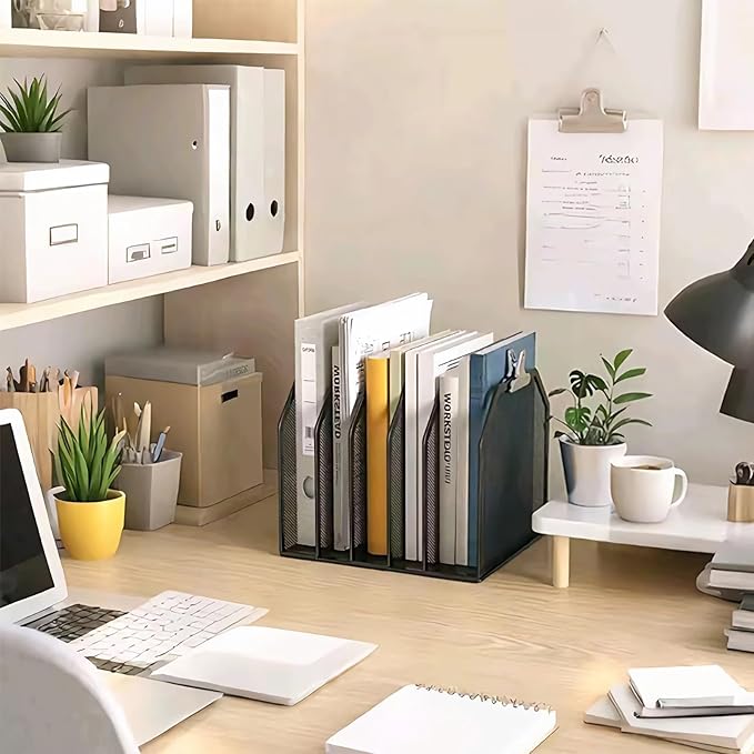 ASIFMTHOT 5 Vertical Desk Mail Organizer, Metal Mesh Desktop File Organizer with 5 Vertical Slot - Black, Letter Organizer Rack for Letters, Postcards, Stationery