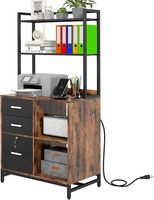 Livofloral Filing Cabinet with Charging Station, Files Cabinet with Shelves, 3 Drawer Office Organization, Printer Stand with Storage Shelves for Home Office, Lockable File Cabinets for Letters, Brown