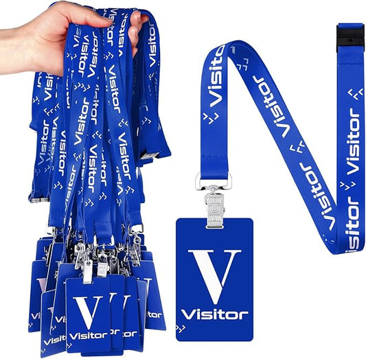 PerKoop 25 Pack Visitor Badge Lanyards Volunteer Badge Holder with Clips ID Card Holder with PVC Pass Card Reusable Breakaway Lanyards for Company Exhibition Guest Visitor(Blue)