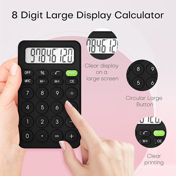 Cute Calculator, Basic Four Function Calculator for Teachers Students Basics Office, Small Handheld Calculators, 8 Digit with LCD Display, Sensitive Button, 5.5×3.2 inches Black