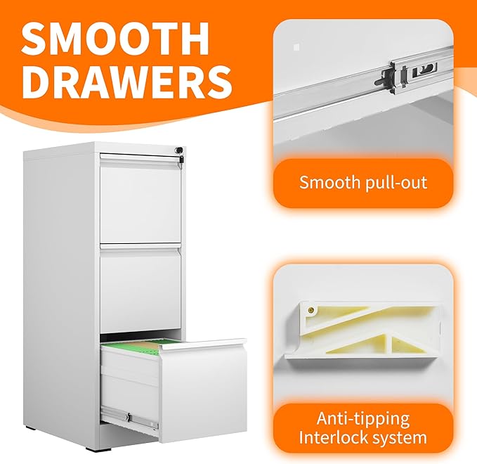 OPTYMIRA 3 Drawer File Cabinet with Lock,White Metal Filing Cabinets Heavy Duty Locking Vertical File Cabinet Home Office Steel Storage Cabinet for Legal/Letter Size File,Assembly Required