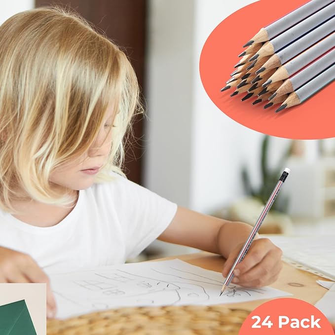 M&G Signal Series 24 Pack 2B Triangular Wood-Cased Pencils, Pre-Sharpened with Erasers, 3 Two-Tone Striped Colors Bulk Pencils for School Office Drawing Classroom Supplies