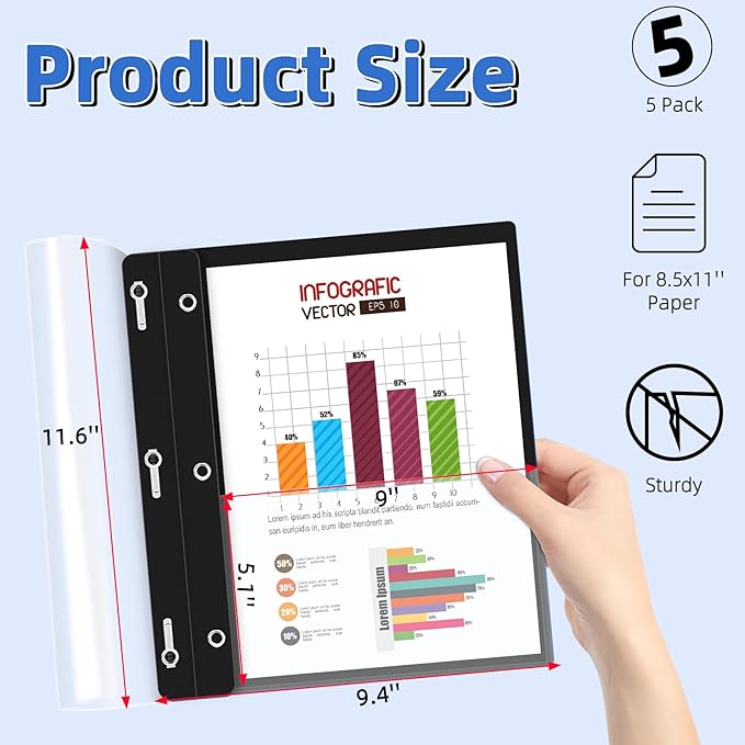 HAUTOCO 5 Pack Plastic Report Covers with 3 Prongs Fasteners Clear Front Resume Portfolio Folder for 8.5x11 Letter Size Paper, Presentation Document Report Cover for School Office Business, Black