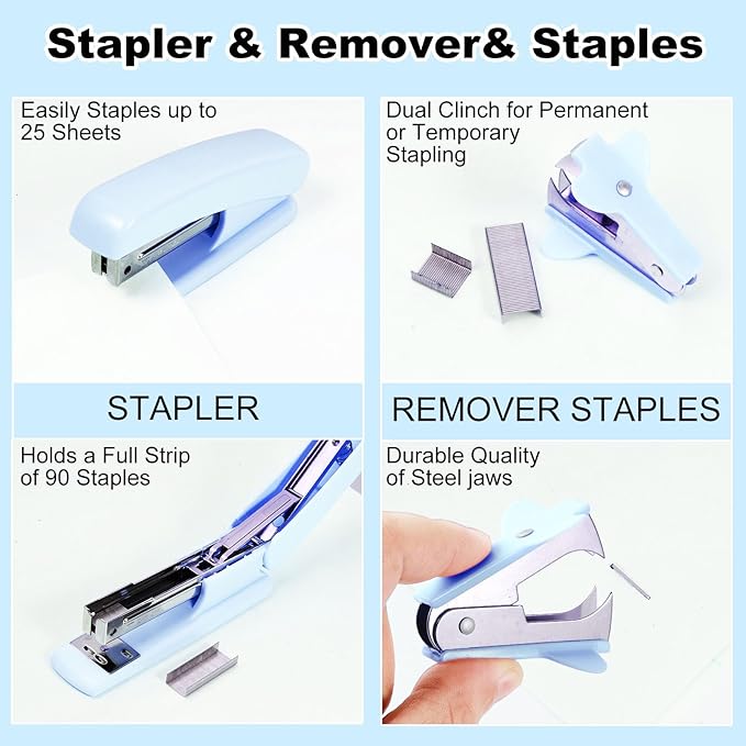 Gawsey Desk Organizers and Accessories Set with 360-Degree Rotating Pen Holder, Tape Dispenser, Stapler, Staple Remover, 1000 Staples, Tape, Clips Set, Ruler, Scissor, Pen