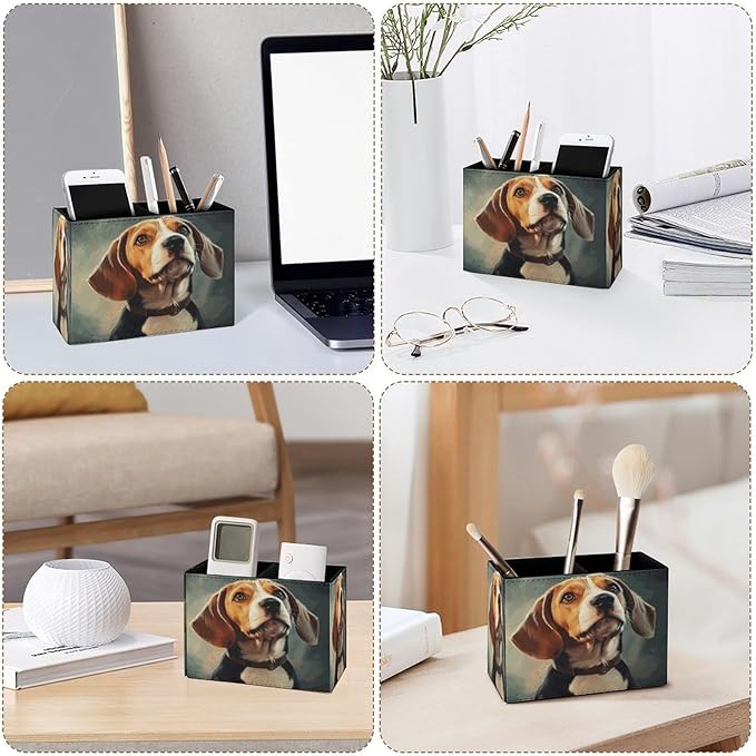 Famame Oil Painting Beagle Dog Pencil Holder for Desk, Leather Desktop Container Pen Cup Storage Study Table Pen Organizer Makeup Brush Holder for Classroom Office Home