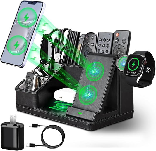 LADSTAG Black Leather Desk Organizer With Charging Station,Office Supplies Desk Accessories,Pen Holder for Desk,Remote Control Holder,Desk Organizer With Phone Charger,Nightstand Desktop Organizer