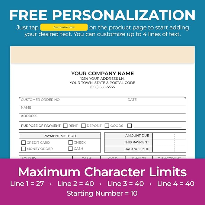 Custom 5.5" x 8.5" Carbonless NCR Books in 2-Part Duplicate Invoices, Receipts, Work Orders, Sales Orders, Purchase Orders, Estimates, Quote Forms with Your Company/Business Name (100 Sets)