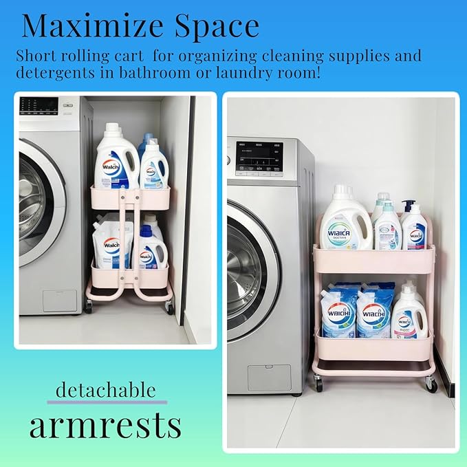 Ufriandz 2 Tier Short Rolling Cart with Wheels All-Metal Pink Pantry Storage for Kitchen,Under Desk Trolley with Handle Small Wheeled Storage Cart for Laundry Room Bathroom, Under Table Small Space