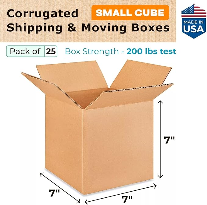 Small Cube Moving & Shipping Boxes 7"L x 7"W x 7"H (25-Pack) - Extra Strength 200 lb vs Regular - Corrugated Packing Boxes for Moving - Heavy Duty Moving Box - Packaging Box by IDL Packaging