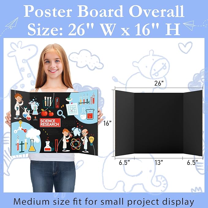 AKONEGE 6Pcs Medium Trifold Poster Board, 26" x 16" Black Corrugated Cardboard Tri Fold Poster Boards for School Projects, Presentations, Science Fair, Photo Display, Art Exhibition