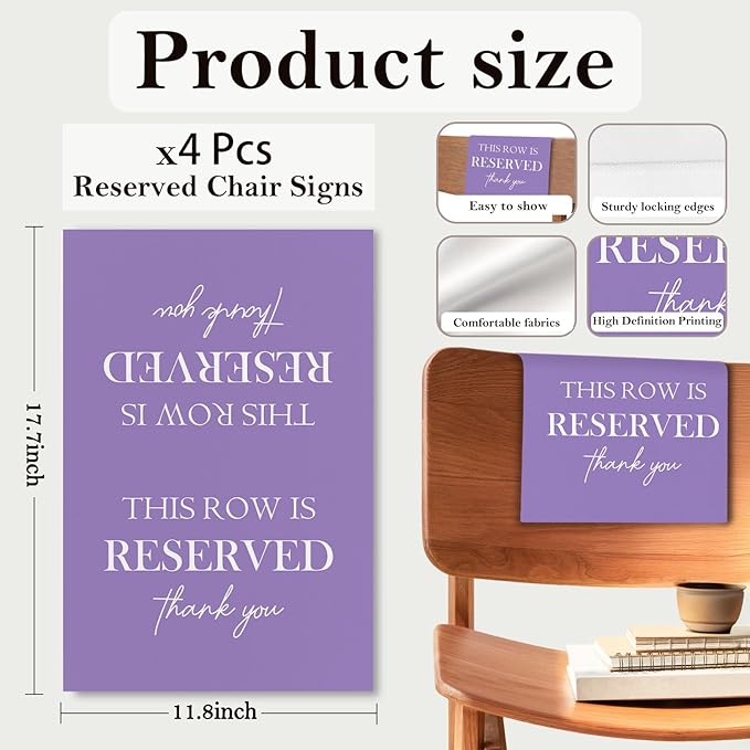 ChissNook Reserved Seating Chair Signs, This Row Is Reserved Pew Cloths Seating Placeholder for Church Pews, Purple Wedding Decorations for Reception Parties Celebrations Event (Purple, 4 PCS)