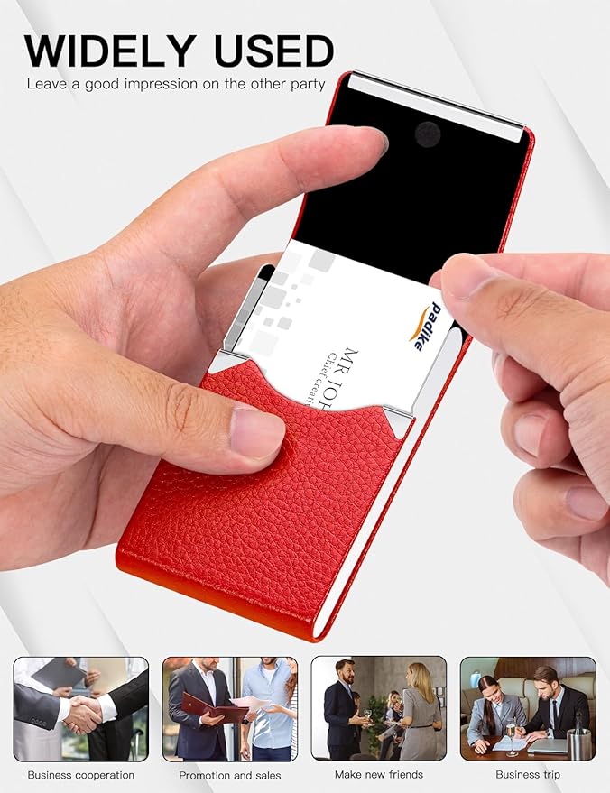 Padike Leather Business Card Holder for Women Leather Stainless Steel Business Card Case with Magnetic Shut (Red)