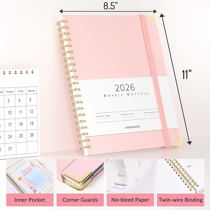 Forvencer 2026 Planner, Hardcover Calendar Planner Weekly and Monthly, Jan 2026 - Dec 2026, 8.5" x 11", Spiral Agenda Book with Tabs, Exquisite Daily Journal Organizer for Home School, Black