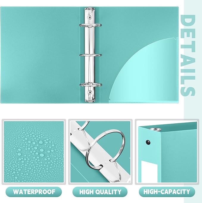 Henoyso 12 Pcs 3 Ring Binder 2 Inch Round Fits Letter Size 8.5'' x 11'' Paper Plastic Flexible Binder Bulk Holds 490 Sheets with 1 Pockets Versatile Organizer for Home Office School (Mint Green)